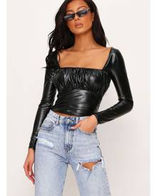 ISAWITFIRST.com Black Faux Leather Ruched Bust Long Sleeve Top - 4 / BLACK