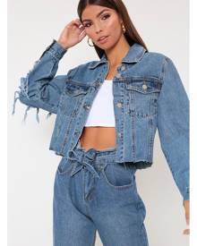 ISAWITFIRST.com Mid Wash Frayed Back Denim Jacket - S / BLUE