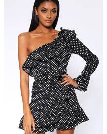 ISAWITFIRST.com Black Polka Dot One Shoulder Tea Dress - 6 / BLACK