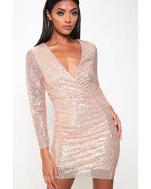 ISAWITFIRST.com Rose Gold Sequin Long Sleeve Bodycon Prom Dress - XS / RED