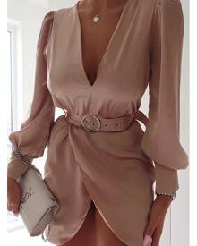 ISAWITFIRST.com Nude Satin Plunge Diamante Belted Dress - XS / BEIGE
