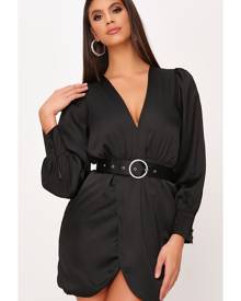 ISAWITFIRST.com Black Satin Plunge Diamante Belted Dress - XS / BLACK