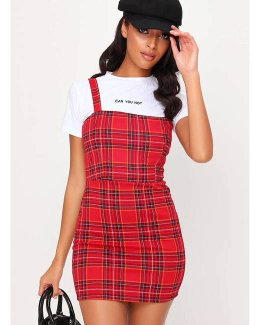 womens red pinafore dress