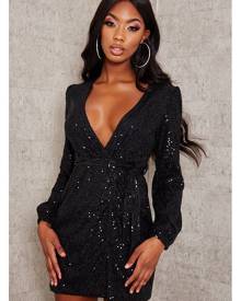 ISAWITFIRST.com Black Sequin Belted Blazer Dress - 4 / BLACK
