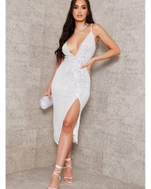 ISAWITFIRST.com White Sequin Strappy Plunge Midi Dress - 4 / WHITE