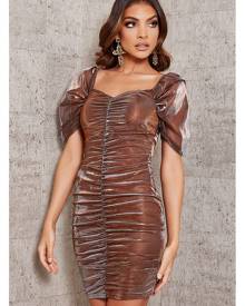 ISAWITFIRST.com Copper Mesh Sleeve Ruched Front Bodycon Dress - 4 / METALLIC