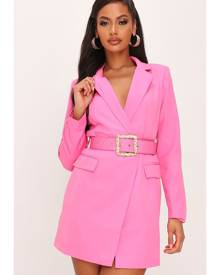 ISAWITFIRST.com Fuchsia Woven Boroque Buckle Belted Blazer Dress - 4 / PINK