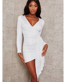 ISAWITFIRST.com Silver Sequin Plunge Shoulder Pad Dress - 4 / METALLIC