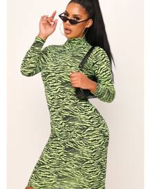ISAWITFIRST.com Lime Green Tiger Print Roll Neck Midi Dress - 4 / GREEN ISAWITFIRST.com Lime Green Tiger Print Roll Neck Midi Dress - 4 / GREEN