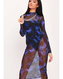 ISAWITFIRST.com Blue Tie Dye Mesh High Neck Long Sleeve Bodycon Midaxi - 4 / BLUE