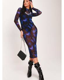ISAWITFIRST.com Blue Tie Dye Mesh High Neck Long Sleeve Bodycon Midaxi - 6 / BLUE