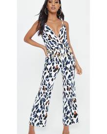 ISAWITFIRST.com White Leopard Print Ruffle Detail Satin Jumpsuit - 6 / WHITE