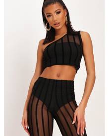 ISAWITFIRST.com Black Mesh Flocked One Shoulder Crop Top - 4 / BLACK