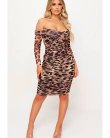 ISAWITFIRST.com Leopard Leopard Print Mesh Bardot Ruched Midi - 4 / BROWN