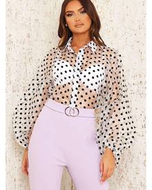 ISAWITFIRST.com White Organza Polka Dot Balloon Sleeve Shirt - 4 / WHITE