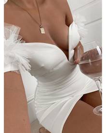ISAWITFIRST.com White Organza Ruffle Sleeve Plunge Wrap Bodycon Dress - 4 / WHITE