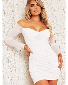 ISAWITFIRST.com White Slinky Mesh Ruched Bardot Bodycon Dress - 4 / WHITE