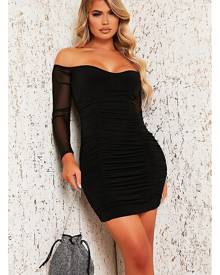 ISAWITFIRST.com Black Slinky Mesh Ruched Bardot Bodycon Dress - 4 / BLACK