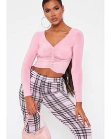 ISAWITFIRST.com Pastel Pink Slinky Ruched Front Long Sleeve Top - 4 / PINK