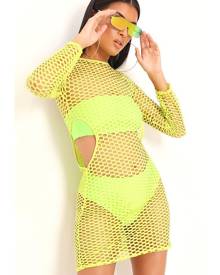 ISAWITFIRST.com Neon Green Fishnet Cut Out Mini Dress - 6 / GREEN