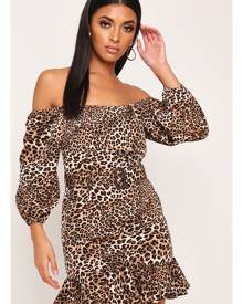 ISAWITFIRST.com Black Leopard Print Bardot Belted Frill Mini Dress - 6 / BLACK