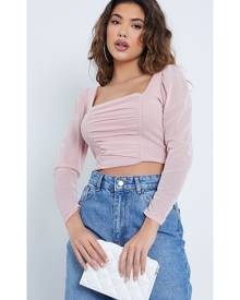 ISAWITFIRST.com Blush Pink Mesh Ruched Front Long Sleeve Crop Top - 4 / PINK