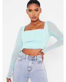 ISAWITFIRST.com Mint Green Mesh Ruched Front Long Sleeve Crop Top - 4