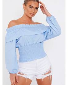 ISAWITFIRST.com Baby Blue Ruched Neck Detail Bardot Top - XS / BLUE