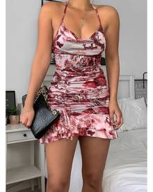 ISAWITFIRST.com Pink Mesh Multi Print Tie Strap Ruched Bodycon Dress - 4 / PINK