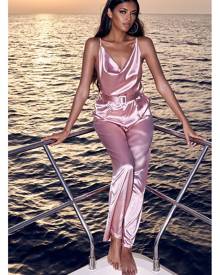 ISAWITFIRST.com Pink Belted Satin Jumpsuit - XS / PINK