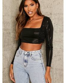 ISAWITFIRST.com Black Metallic Ruched Front Long Sleeve Crop Top - 4 / BLACK