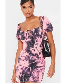 ISAWITFIRST.com Neon Pink Tie Dye Puff Sleeve Bodycon Dress - 4 / PINK