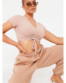 ISAWITFIRST.com Stone Short Sleeve Ruched Front Crop Top - 4 / BEIGE