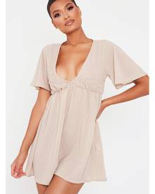 ISAWITFIRST.com Stone Sheer Woven Plunge Frill Sleeve Smock Dress - 4 / BEIGE