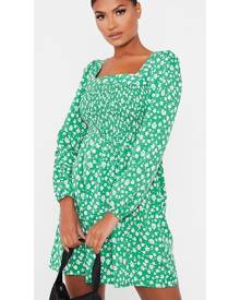 ISAWITFIRST.com Emerald Green Woven Floral Print Shirred Top Smock Dress - 4 / GREEN