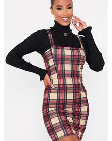 camel crepe check pinafore dress