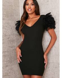 ISAWITFIRST.com Black Ribbed Ruffle Sleeve Bodycon Dress - XS / BLACK