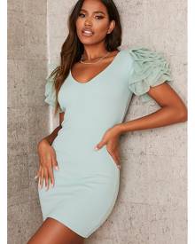 ISAWITFIRST.com Sage Ribbed Ruffle Sleeve Bodycon Dress - XS / GREEN