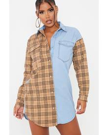 ISAWITFIRST.com Camel Tartan Colour Block Denim Shirt Dress - 4 / BEIGE ISAWITFIRST.com Camel Tartan Colour Block Denim Shirt Dress - 4 / BEIGE