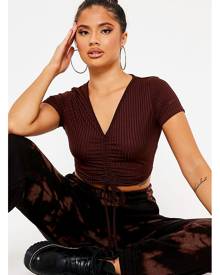 ISAWITFIRST.com Chocolate Short Sleeve Ruched Front Crop Top - 4 / BROWN
