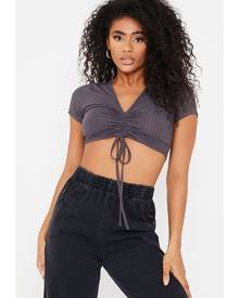 ISAWITFIRST.com Charcoal Short Sleeve Ruched Front Crop Top - 4 / GREY