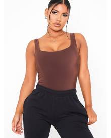 ISAWITFIRST.com Chocolate Double Layer Slinky Square Neck Bodysuit - 4 / BROWN