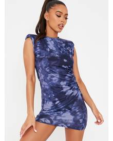 ISAWITFIRST.com Blue Jersey Tie Dye Shoulder Pad Ruched Bodycon Dress - 4 / BLUE