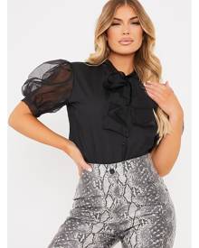 ISAWITFIRST.com Black Mesh Puff Sleeve Poplin Bow Shirt - 4 / BLACK ISAWITFIRST.com Black Mesh Puff Sleeve Poplin Bow Shirt - 4 / BLACK