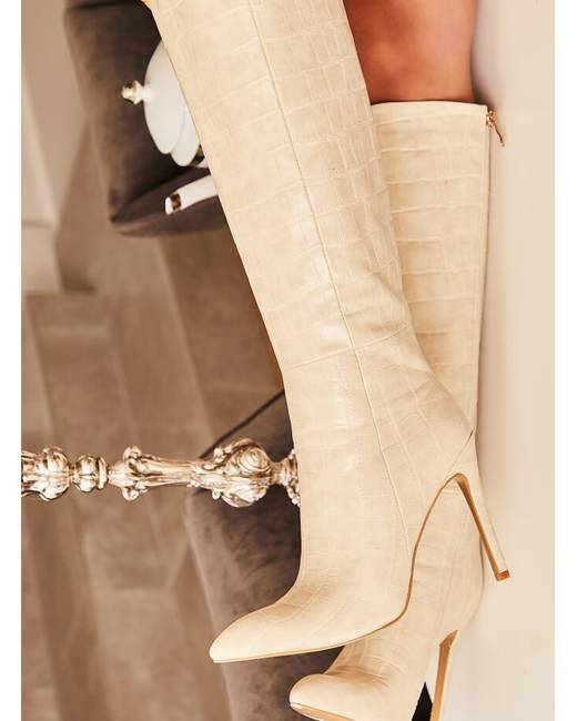 beige knee high heels