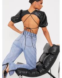 ISAWITFIRST.com Black Faux Leather Cut Out Tie Back Crop Top - 4 / BLACK