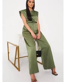 ISAWITFIRST.com Khaki Satin Shoulder Padded Wide Leg Jumpsuit - 4 / GREEN