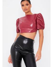 ISAWITFIRST.com Wine Faux Leather Cut Out Tie Back Crop Top - 4 / RED