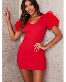 ISAWITFIRST.com Red Ribbed V Neck Ruffle Sleeve Mini Dress - XS / RED