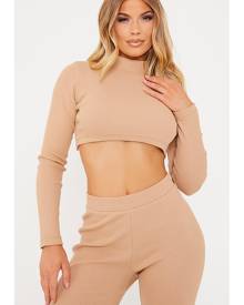 ISAWITFIRST.com Taupe Cotton Rib Cut Out Back High Neck Crop Top - 4 / BEIGE